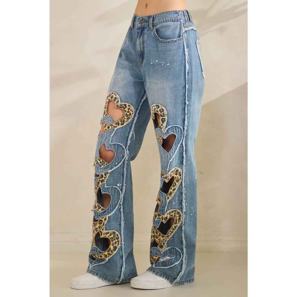 "Fierce Love" Leopard Heart Cut Out Jeans - Picture 4 of 5